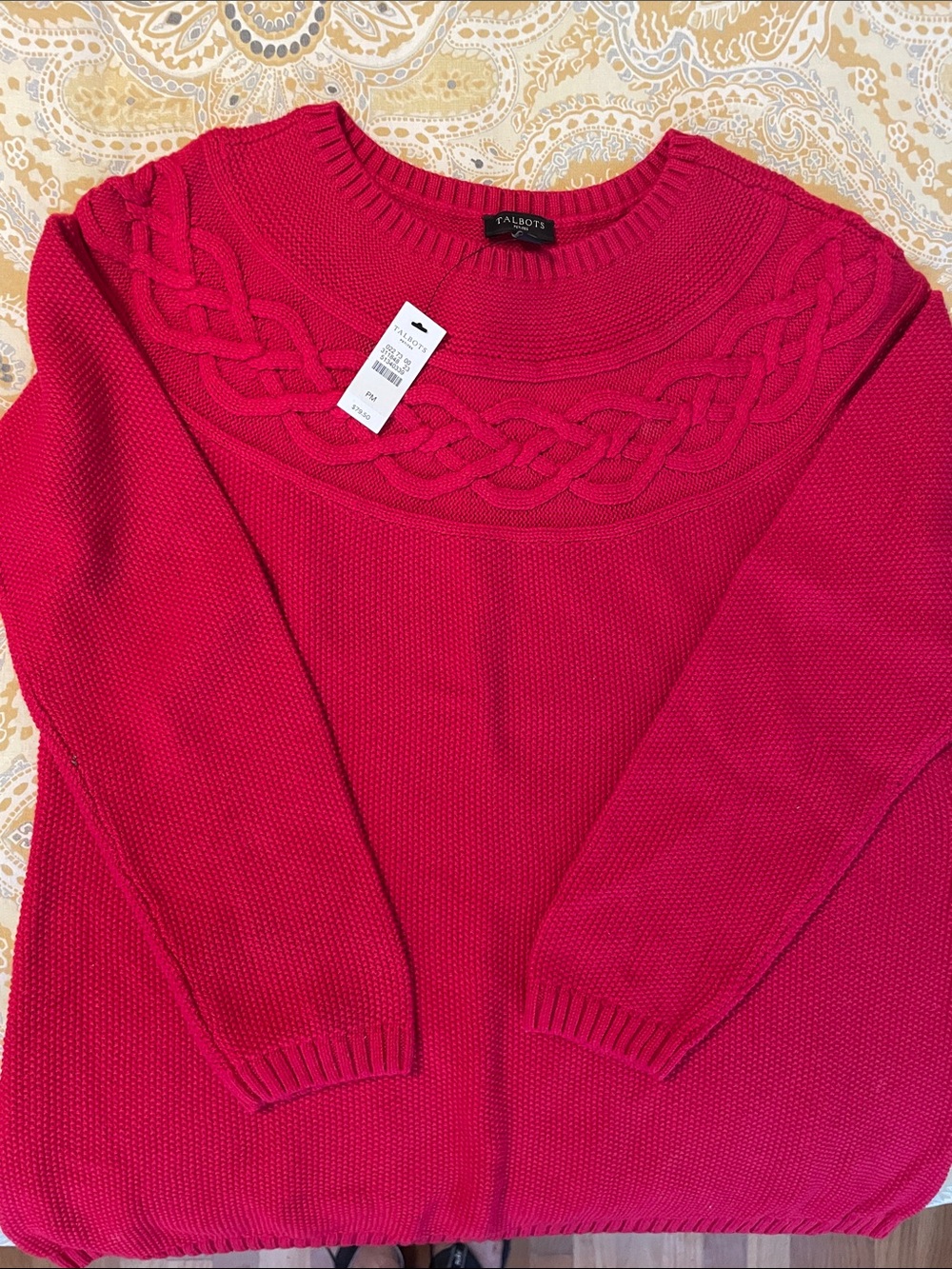 Talbots Cable Yoke Crewneck Sweater - Raspberry